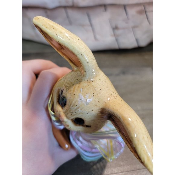 Ceramic brown easter bunny AS IS rabbit carrot bow decor figure - Picture 8 of 9